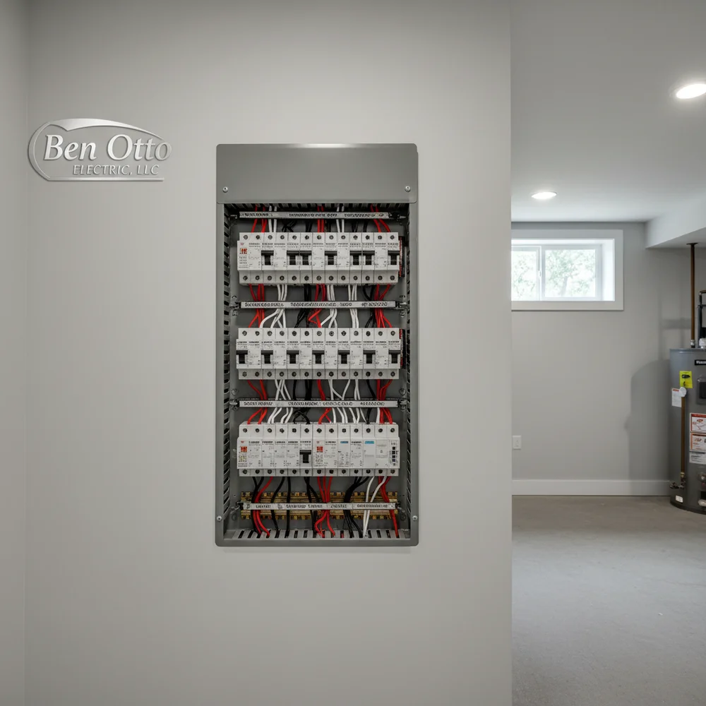 Electrical breaker panel with labeled switches and red and white wiring inside a residential basement